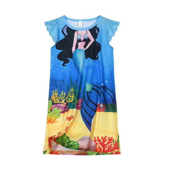 Emy Dola Summer Girls Unicorn Mermaid Nightgowns Kids Flutter Sleeve Pajamas Dress Toddler Princess Sleepwear Nightdress-1 piece