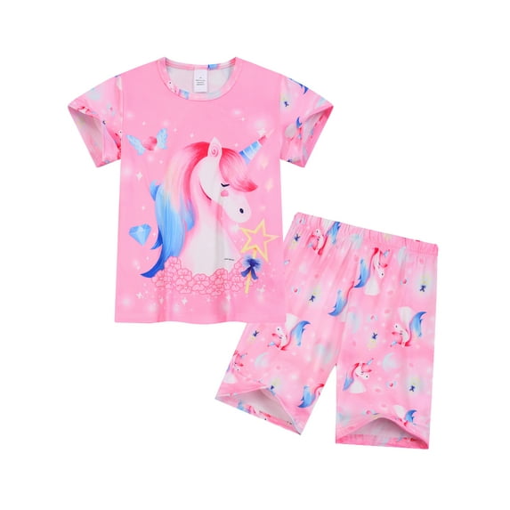 Emy Dola Summer Pajamas for Little Girls Cartoon Unicorn PJS Set 2Pcs Toddler Short Sleeve Jammies Set For 3-8 Years Child