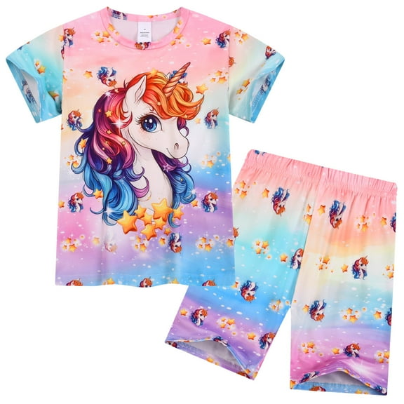 Emy Dola Summer Pajamas for Little Girls Cartoon Unicorn PJS Set 2Pcs Toddler Short Sleeve Jammies Set For 3-8 Years Child