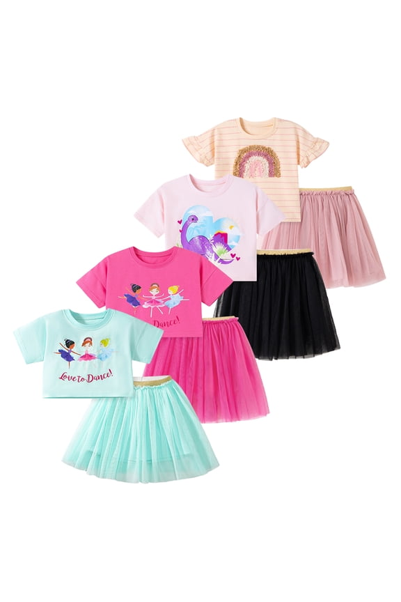 Summer Toddler Girls 2 Pieces Cartoon Tutu Dress 2-7 Years Kids Short Sleeve T-shirt + Glimmer Waist Tulle Skirt Outfits
