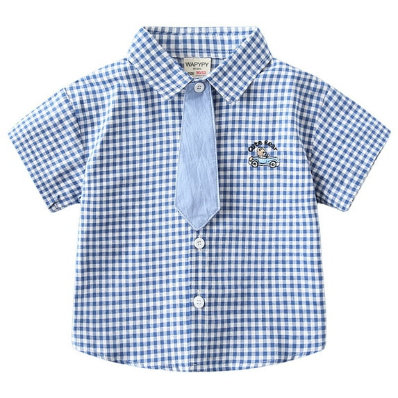 Emy Dola Toddler Boy Button Down T-Shirts Summer Short Sleeve School-Themed Plaid Dress Tops with Tie,2-8 Years