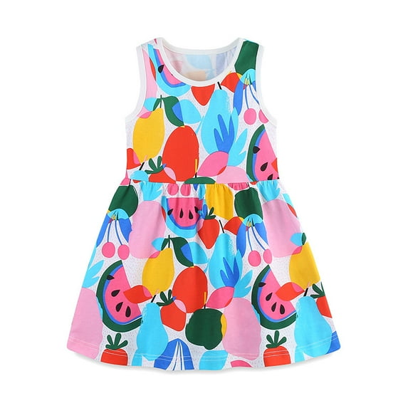 Emy Dola Toddler Dresses Girls Summer Fruit Print Sundress Casual Sleeveless A-Line Playwear Cotton Dress 2-8 Years