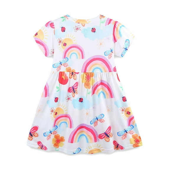 Emy Dola Toddler Girl Summer Short Sleeve Dress For 2-8 Years Kids Casual Playwear Rainbow Print Easter Dresses