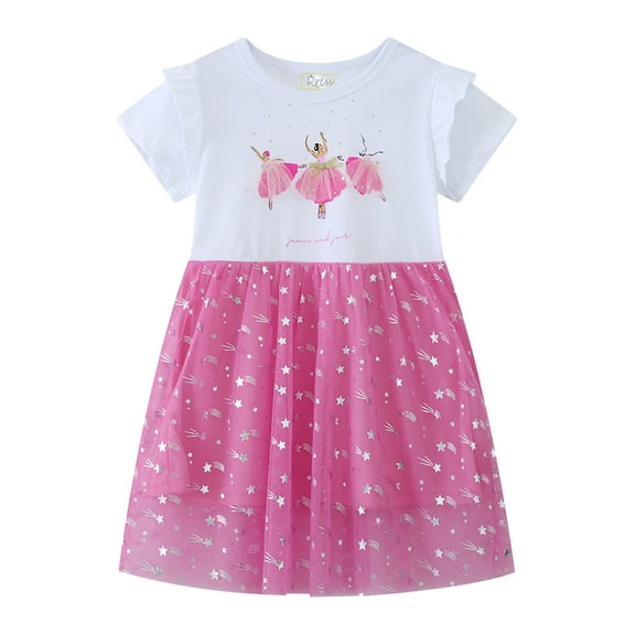 Emy Dola Toddler Girl's Casual Short Sleeve Tutu Skater Princess Tulle Dress 2-7T Kids Easter Party Dresses - 1Pcs Stars