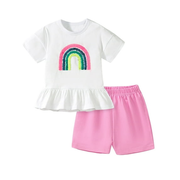 Emy Dola Toddler Girls 2-Piece Short Sleeve Outfits 100% Cotton Ruffle Hem T-shirt and Stripes Summer Shorts Set for 2-7 Years Kids