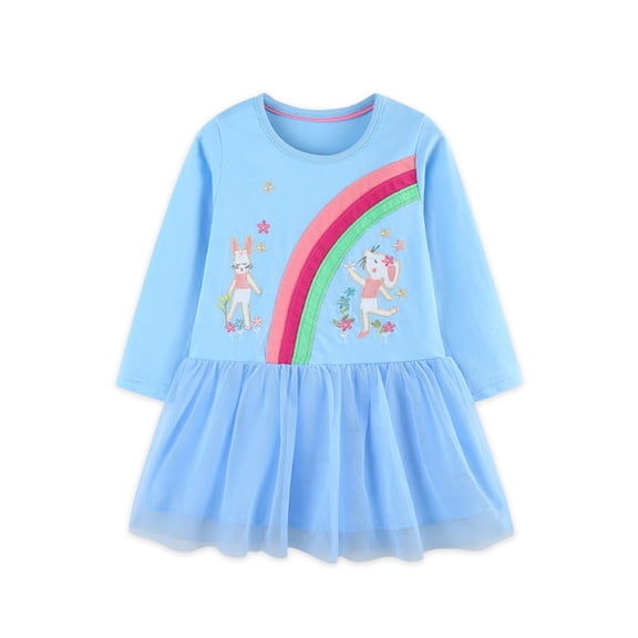 Emy Dola Toddler Girls Casual Tulle Dress Kids Cotton Long Sleeve Applique Tutu Dress Birthday Party Princess Dresses 2-7T-Rabbit