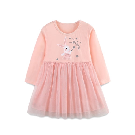 Emy Dola Toddler Girls Casual Tulle Dress Kids Cotton Long Sleeve Applique Tutu Dress Birthday Party Princess Dresses 2-7T-Rabbit