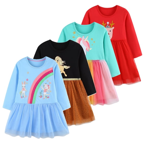 Emy Dola Toddler Girls Casual Tulle Dress Kids Cotton Long Sleeve Applique Tutu Dress Birthday Party Princess Dresses 2-7T-Rabbit