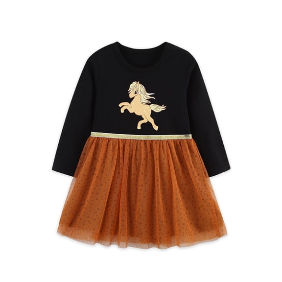 Emy Dola Toddler Girls Casual Tulle Dress Kids Cotton Long Sleeve Applique Tutu Dress Birthday Party Princess Dresses 2-7T-Unicorn
