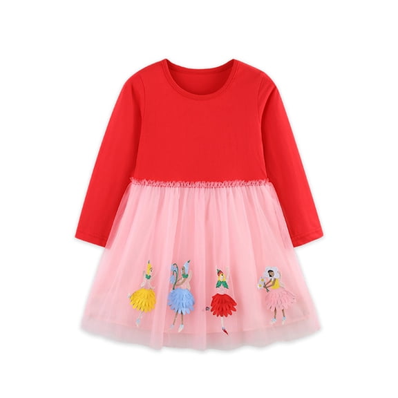 Emy Dola Toddler Girls Casual Tulle Dress Kids Cotton Long Sleeve Applique Tutu Dress Birthday Party Princess Dresses-Dance Girl