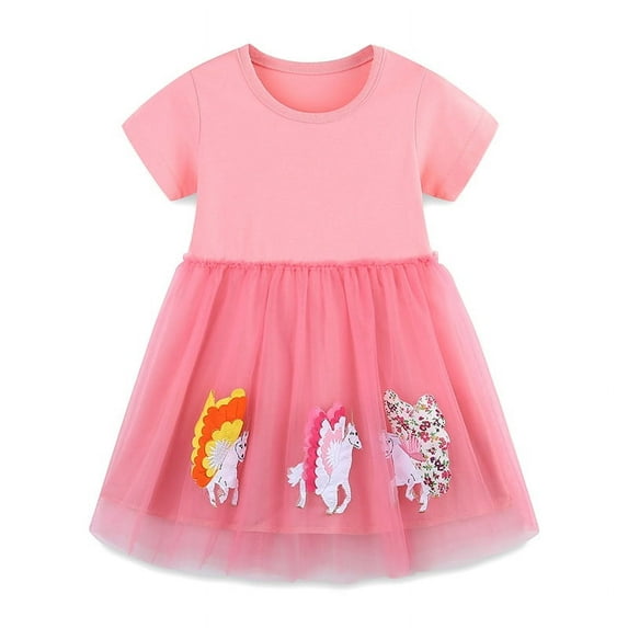Emy Dola Toddler Girls Cotton Short Sleeve Turu Dress Princess Casual Cartoon Appliques Pokadot Jersey Dresses Summer Tulle Sundress