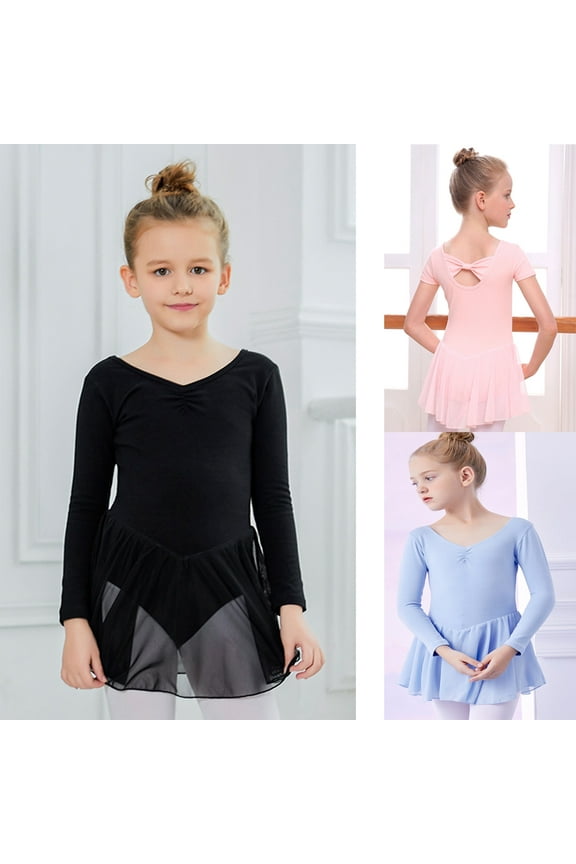 Toddler Girls Long Sleeve Ballet Leotards Dance Dress Back Bowknot Tight Gymnastic Ballerina Tutu Dress Outfit 3-12T