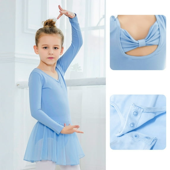 Emy Dola Toddler Girls Long Sleeve Ballet Leotards Dance Dress Back Bowknot Tight Gymnastic Ballerina Tutu Dress Outfit 3-12T