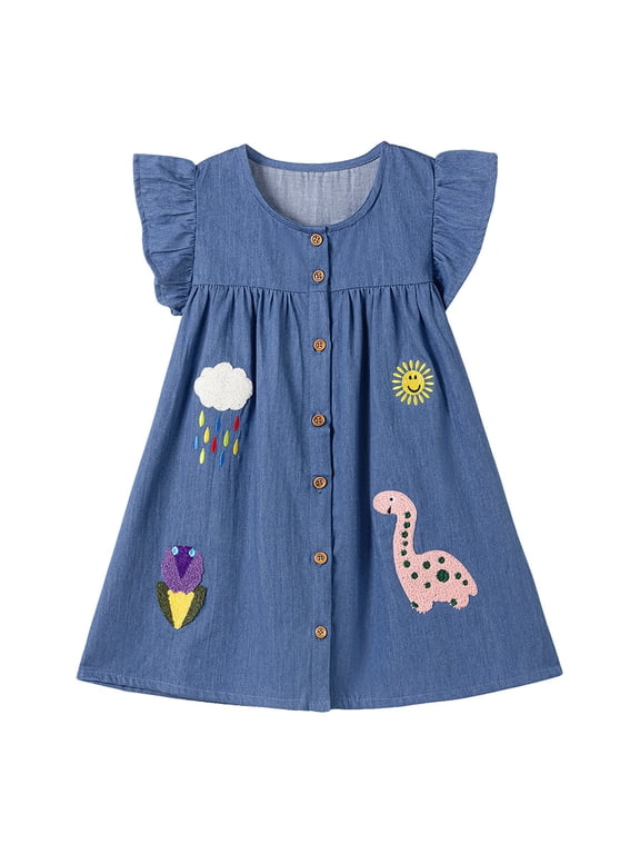 Toddler Girls Ruffle Sleeve Denim Dresses 2-7 Years Child Cotton Easter Summer Cartoon Appliques Sundress