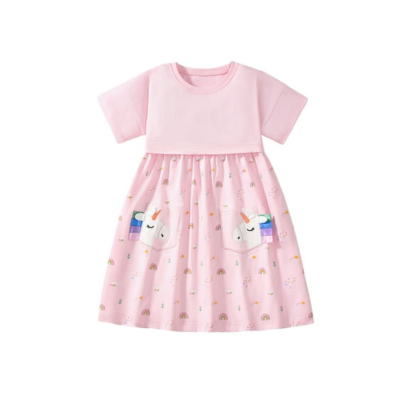 Emy Dola Toddler Girls Short Sleeve Dress Cotton Casual Spring Summer Easter Applique Playwear Dresse For 2-8 Yeras