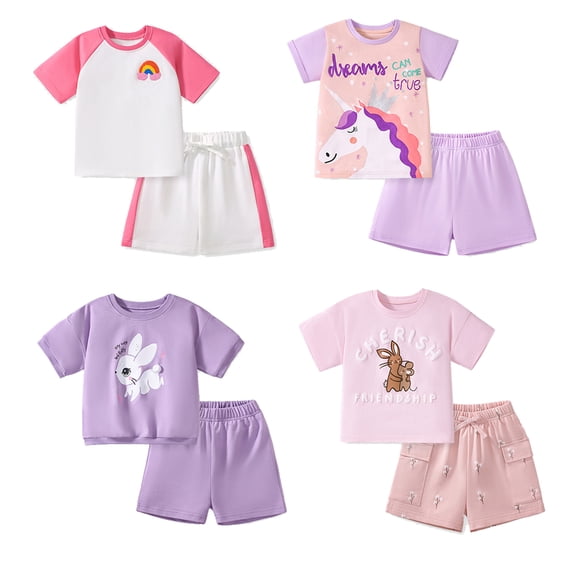Emy Dola Toddler Girls Short Sleeve Outfits 2pcs 2-7 Years Kids Bunny Graphic Casual Outfits Easter Crop T-shirt + Shorts Set