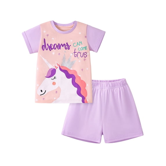 Emy Dola Toddler Girls Short Sleeve Outfits 2pcs 2-7 Years Kids Unicorn Graphic Casual T-shirt + Shorts Set
