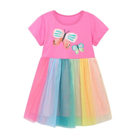 Emy Dola Toddler Girls Tutu Dresses Summer Short Sleeve Rainbow Tulle Party Dress for Girl 2-7 Years Easter Gift - 1 Piece Butterfly
