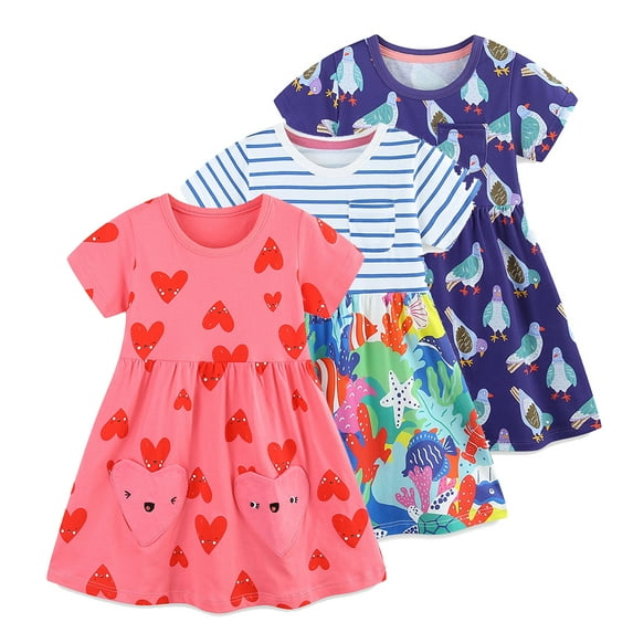Emy Dola Toddler Little Girls Casual Dresses 1-Pack Cotton Graphic Cartoon Dress for 2-8 Years Kids Summer Dress