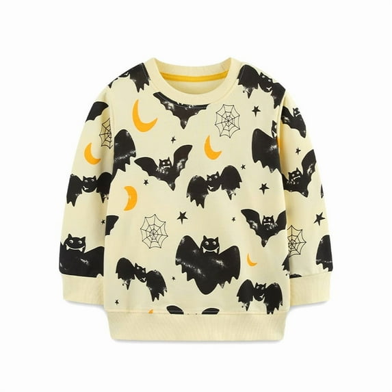 Emy Dola Unisex Girl Boys Sweatshirts Pumpkin Bat Halloween Tops Toddler Kids Pullover Long Sleev Cotton Graphic Top Sweater Shirts for 2-7T