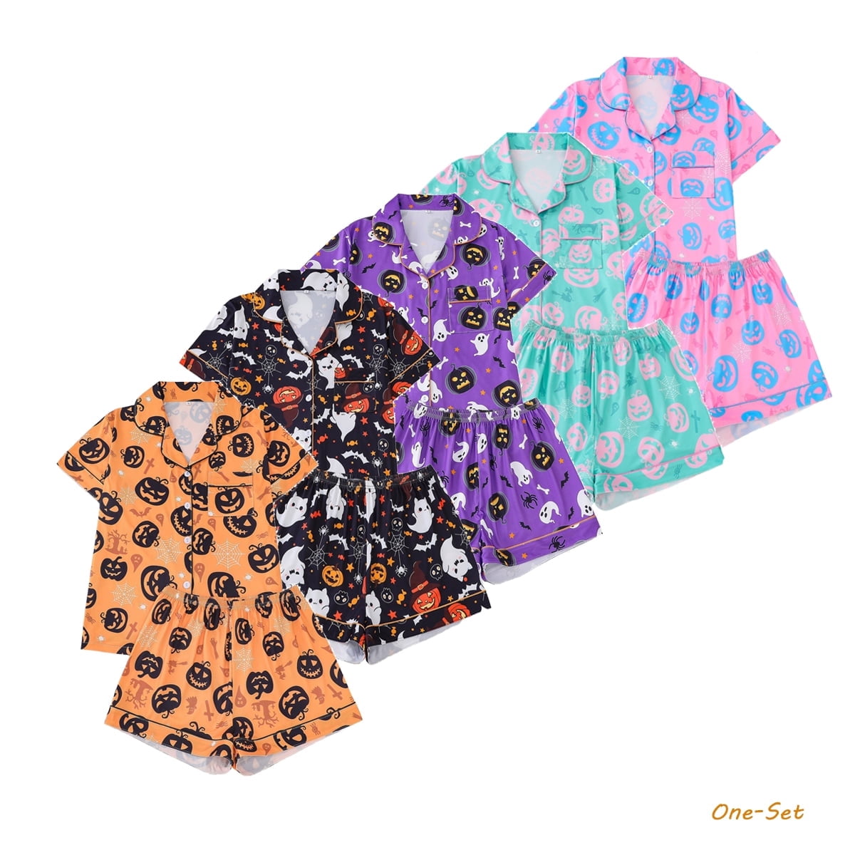 Emy Dola Women Halloween Silk Pajamas Sets 2 Piece Button-Down Satin Sleepwear Ghost Pumpkin Skull Print Short Sleeve Loungewear S-2XL