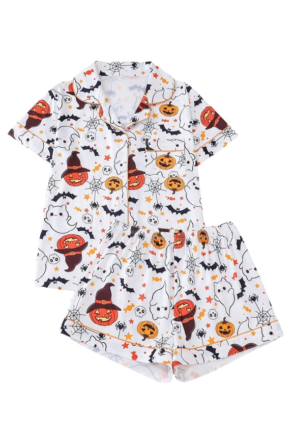 Women Halloween Silk Pajamas Sets 2 Piece Button-Down Satin Sleepwear Ghost Pumpkin Skull Print Short Sleeve Loungewear S-2XL