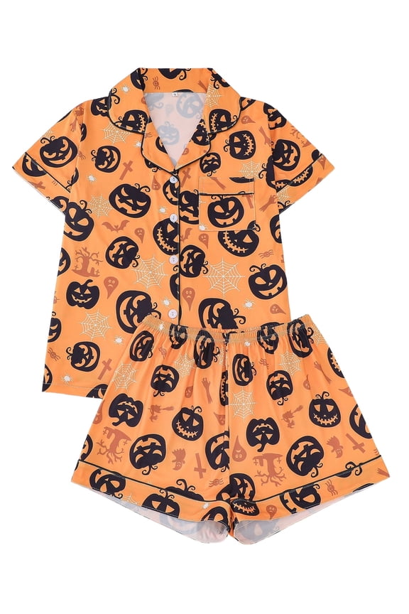 Women Halloween Silk Pajamas Sets 2 Piece Button-Down Satin Sleepwear Ghost Pumpkin Skull Print Short Sleeve Loungewear S-2XL