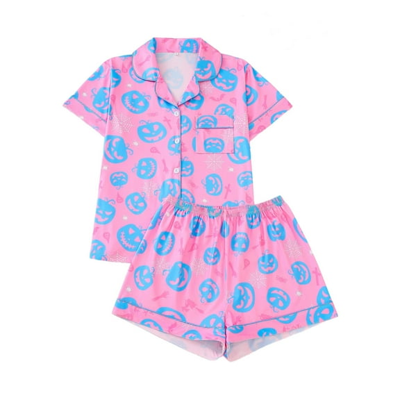 Emy Dola Women Halloween Silk Pajamas Sets 2 Piece Button-Down Satin Sleepwear Ghost Pumpkin Skull Print Short Sleeve Loungewear S-2XL
