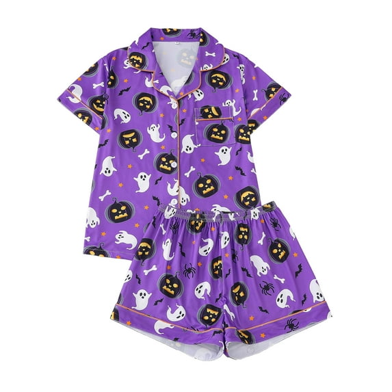 Emy Dola Women Halloween Silk Pajamas Sets 2 Piece Button-Down Satin Sleepwear Ghost Pumpkin Skull Print Short Sleeve Loungewear S-2XL