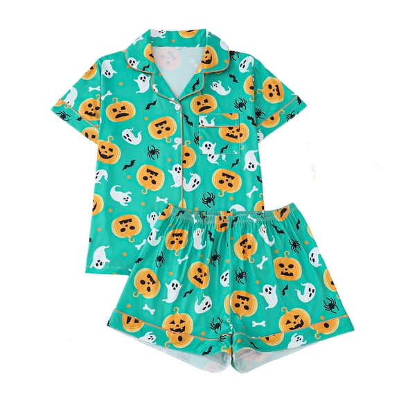 Emy Dola Women Halloween Silk Pajamas Sets 2 Piece Button-Down Satin Sleepwear Ghost Pumpkin Skull Print Short Sleeve Loungewear S-2XL