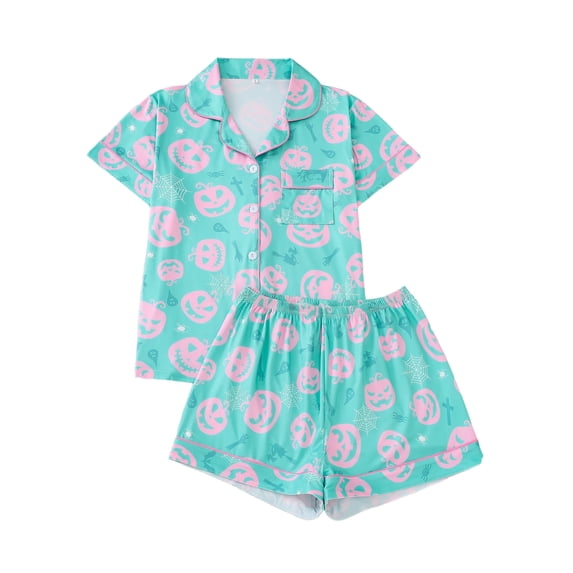 Emy Dola Women Halloween Silk Pajamas Sets 2 Piece Button-Down Satin Sleepwear Ghost Pumpkin Skull Print Short Sleeve Loungewear S-2XL