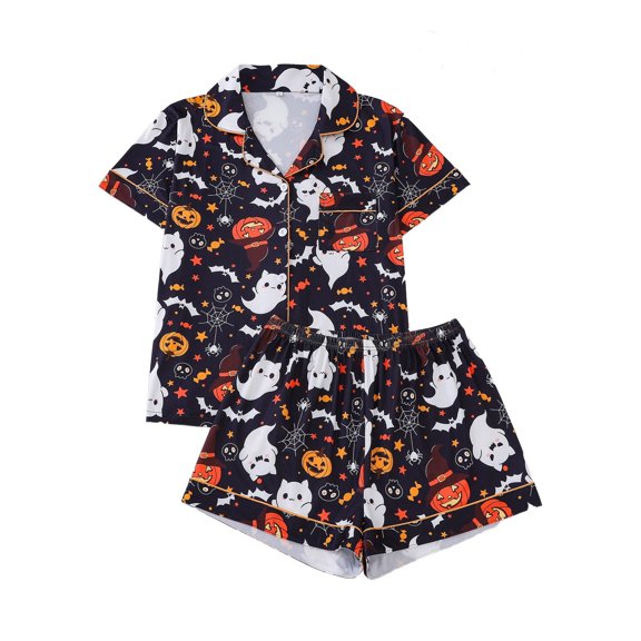 Emy Dola Women Halloween Silk Pajamas Sets 2 Piece Button-Down Satin Sleepwear Ghost Pumpkin Skull Print Short Sleeve Loungewear S-2XL