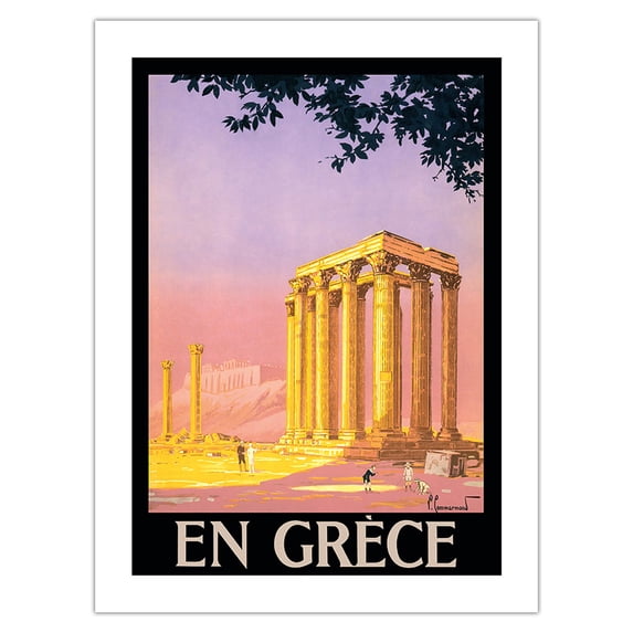 En Grèce (in Greece) - Ancient Temple of Zeus - Athens Greece - Vintage Travel Poster by Pierre Commarmond c.1930s - Bamboo Fine Art 290gsm Paper Print (Unframed) 18x24in