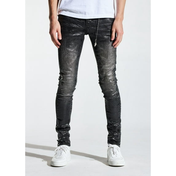 En Noir Men's Cash Black Wax Coated Skinny Fit Denim Jeans (36, Black Wax)