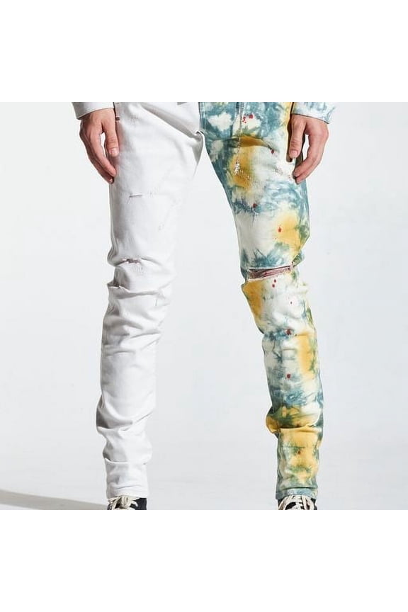 Men's Cash Green Tie Dye Rip & Repair Distressed Skinny Fit Denim Jeans (29, Cash Green Tie Dye/Off White)