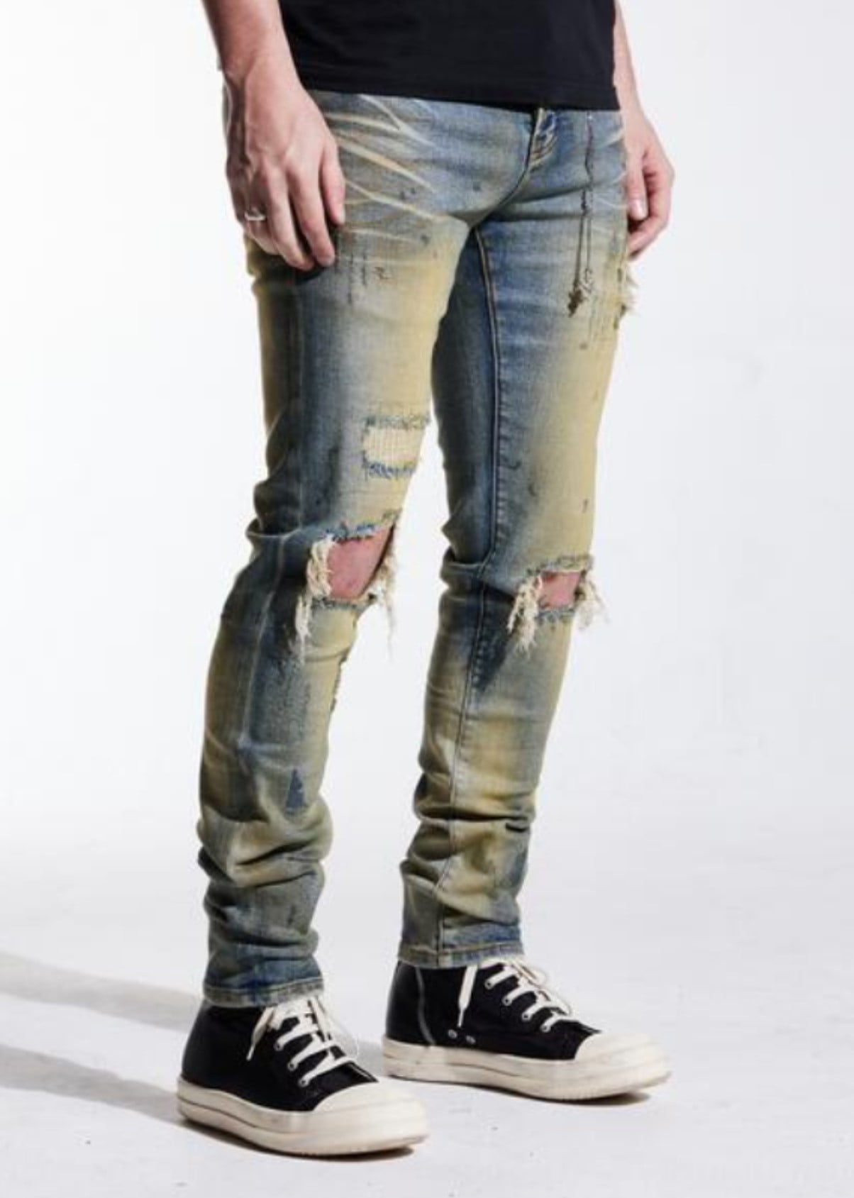 【DISCERNMENT】Dying Sandwashing Over Denim PT (half) En Noir Men's Clash Sand Wash Rip & Repair Distressed Skinny