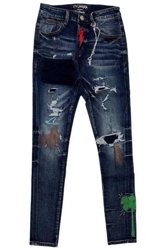 Men's Embroidered Detail Rip & Repair Distressed Skinny Fit Denim Jeans (30, Deep Indigo)