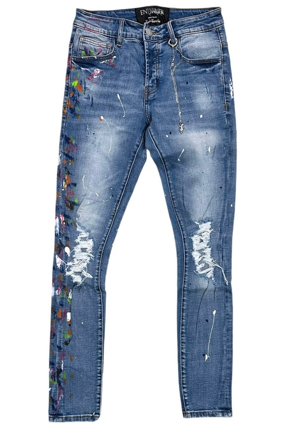 Men's Paint Splatter Distressed Ripped Skinny Fit Denim Jeans (28, Blue Stonewashed)