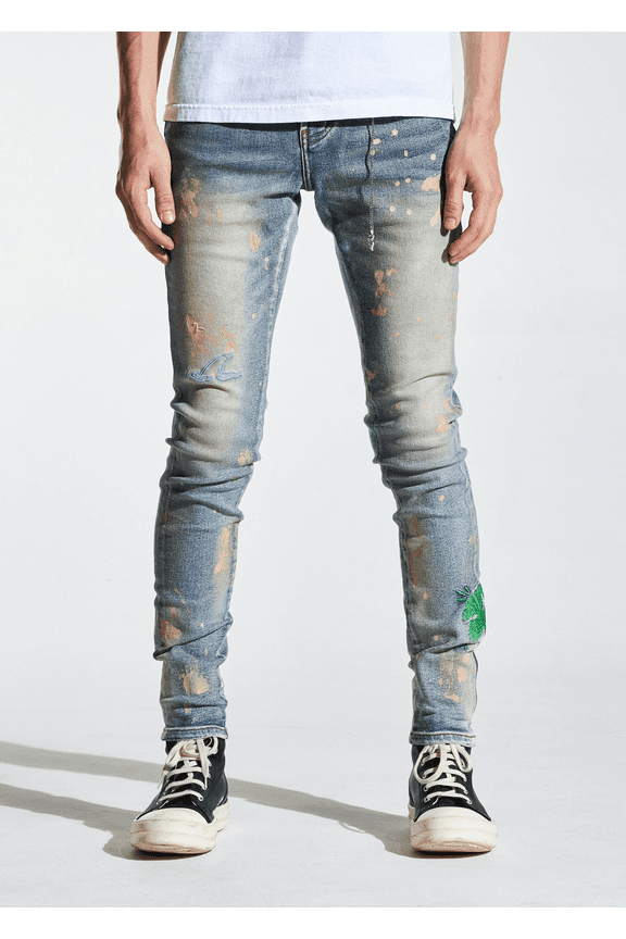 Men's Paint Splatter Embroidered Distressed Skinny Fit Denim Jeans (32, Sand Wash)