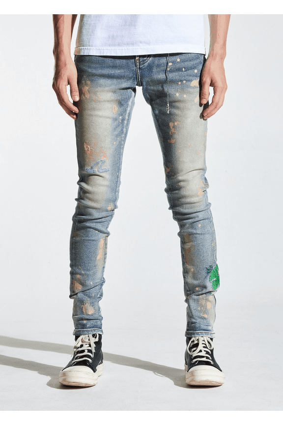 Men's Paint Splatter Embroidered Distressed Skinny Fit Denim Jeans (33, Sand Wash)
