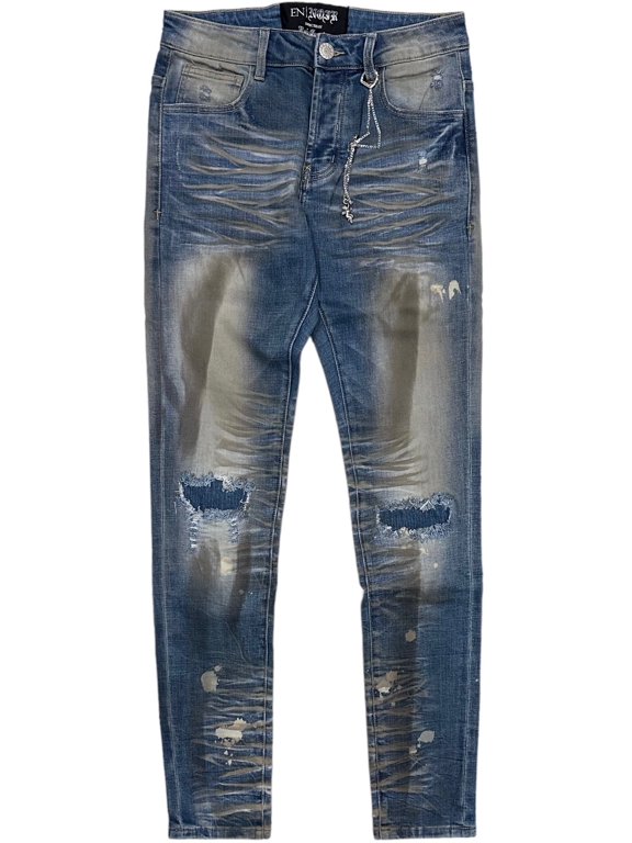 Men's Paint Splatter Rip & Repair Distressed Skinny Fit Denim Jeans (28, Dirty Indigo)
