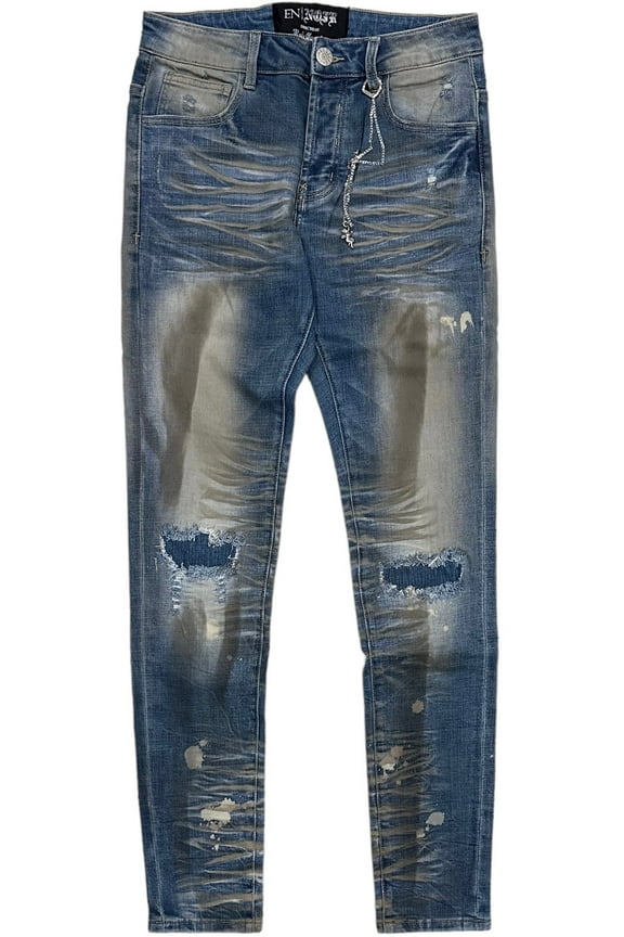 Men's Paint Splatter Rip & Repair Distressed Skinny Fit Denim Jeans (28, Dirty Indigo)