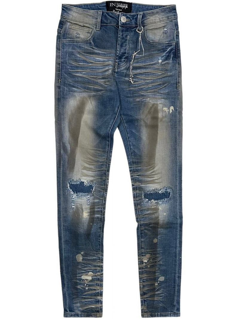 En Noir Men's Paint Splatter Rip Repair Distressed Skinny Fit