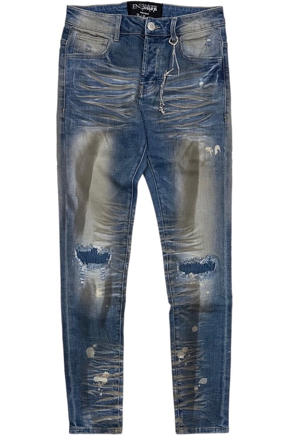 Men's Paint Splatter Rip & Repair Distressed Skinny Fit Denim Jeans (30, Dirty Indigo)