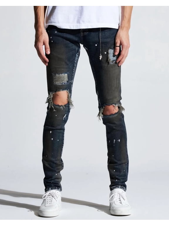 Men's Paint Splatter Rip & Repair Distressed Skinny Fit Denim Jeans (31, Dark Indigo)