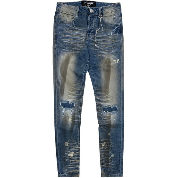 En Noir Men's Paint Splatter Rip & Repair Distressed Skinny Fit Denim Jeans (31, Dirty Indigo)