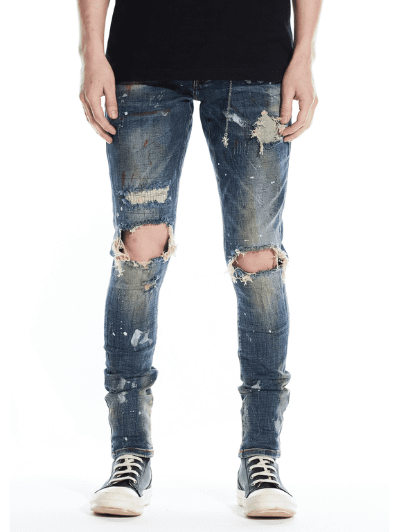 Men's Paint Splatter Rip & Repair Distressed Skinny Fit Denim Jeans (32, Vintage Indigo)