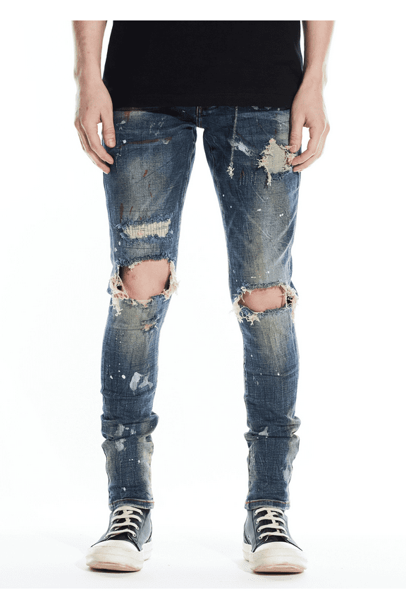 Men's Paint Splatter Rip & Repair Distressed Skinny Fit Denim Jeans (32, Vintage Indigo)
