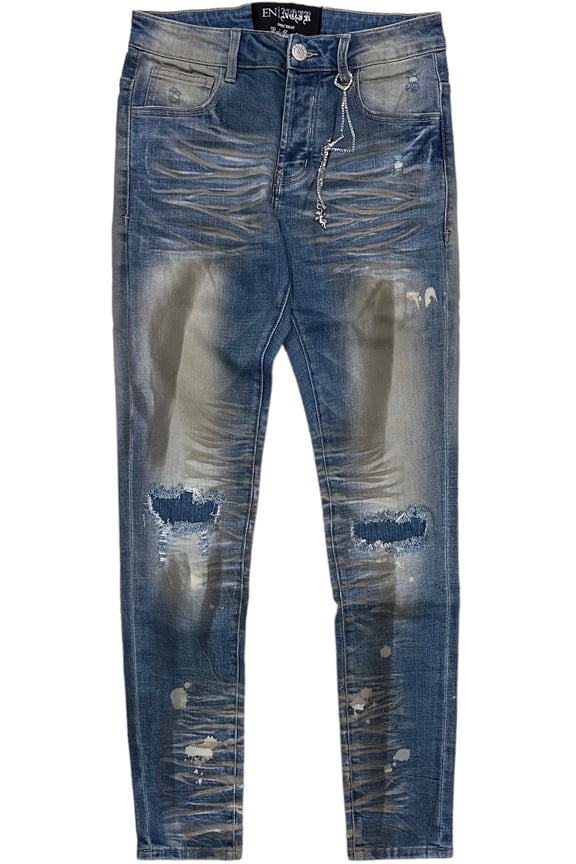 Men's Paint Splatter Rip & Repair Distressed Skinny Fit Denim Jeans (34, Dirty Indigo)