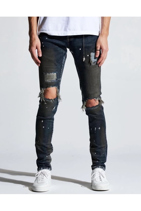 Men's Paint Splatter Rip & Repair Distressed Skinny Fit Denim Jeans (36, Dark Indigo)